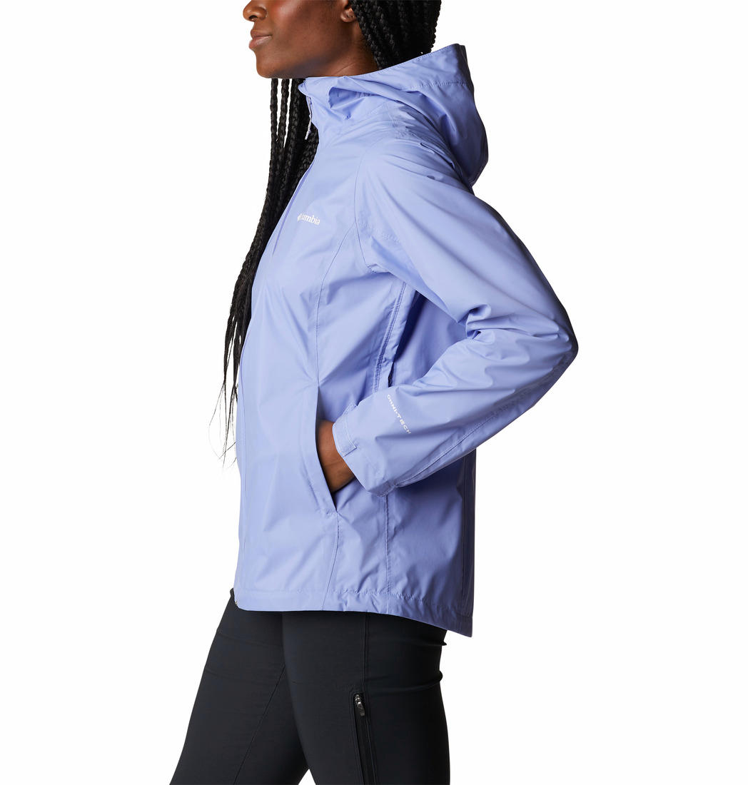 A Women Wearing Columbia Women Purple EvaPOURation Jacket Waterproof