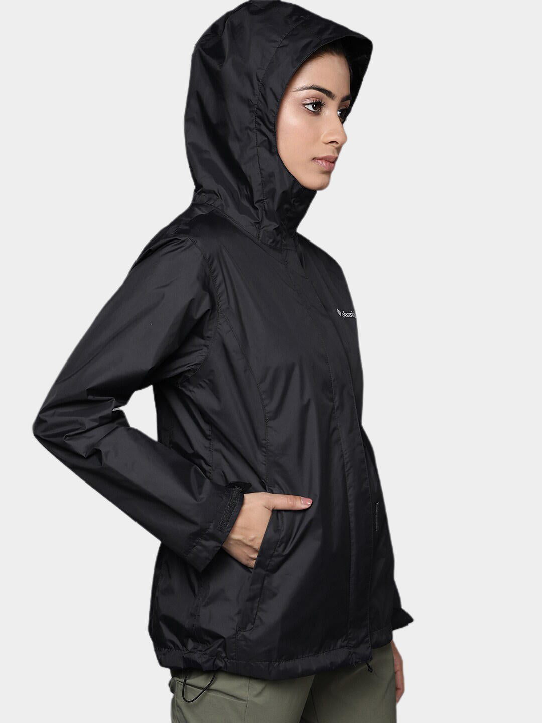 A Women Wearing Columbia Women Black Arcadia II Jacket Waterproof
