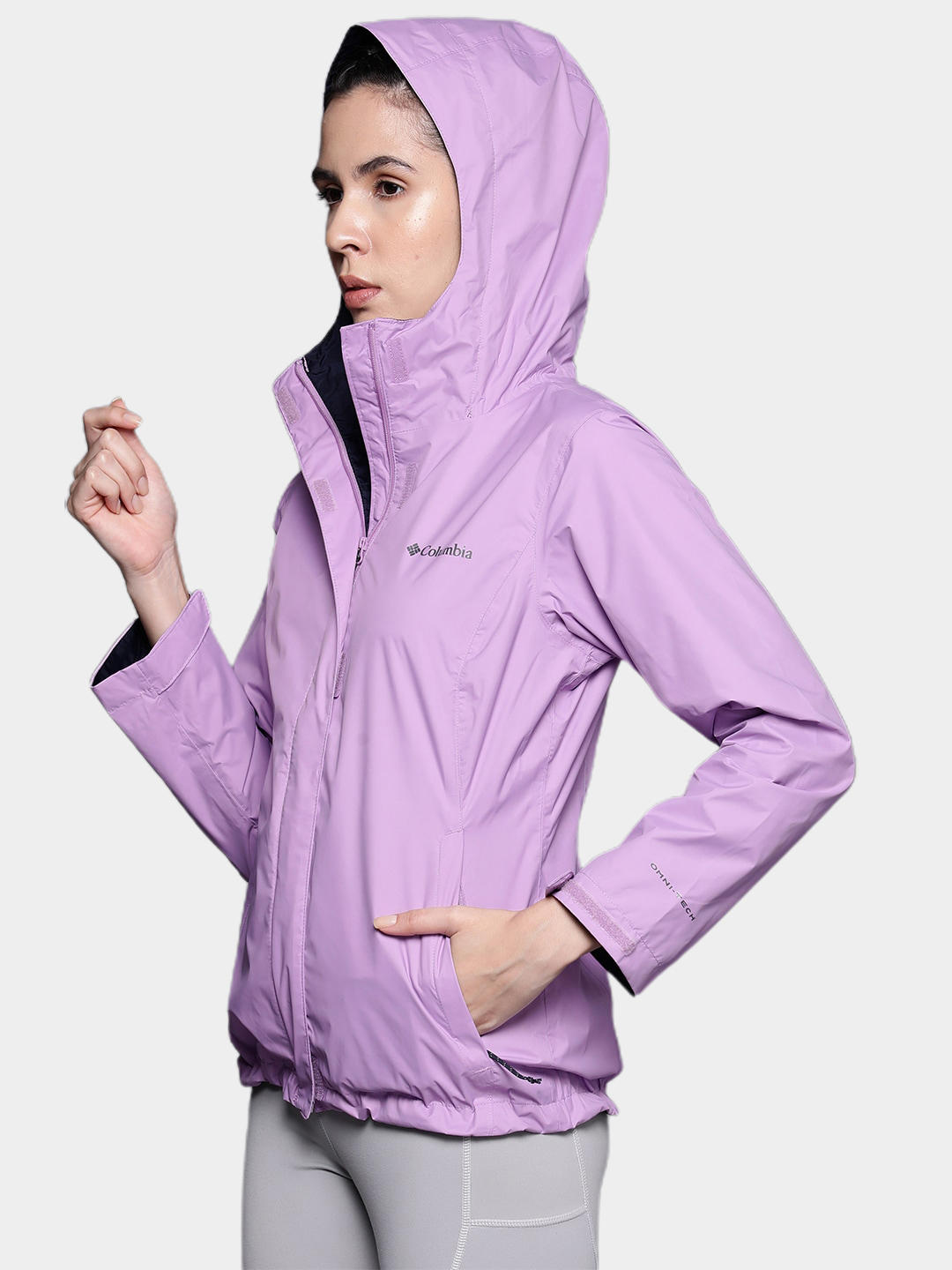A Women Wearing Columbia Women Purple Arcadia II Jacket Waterproof