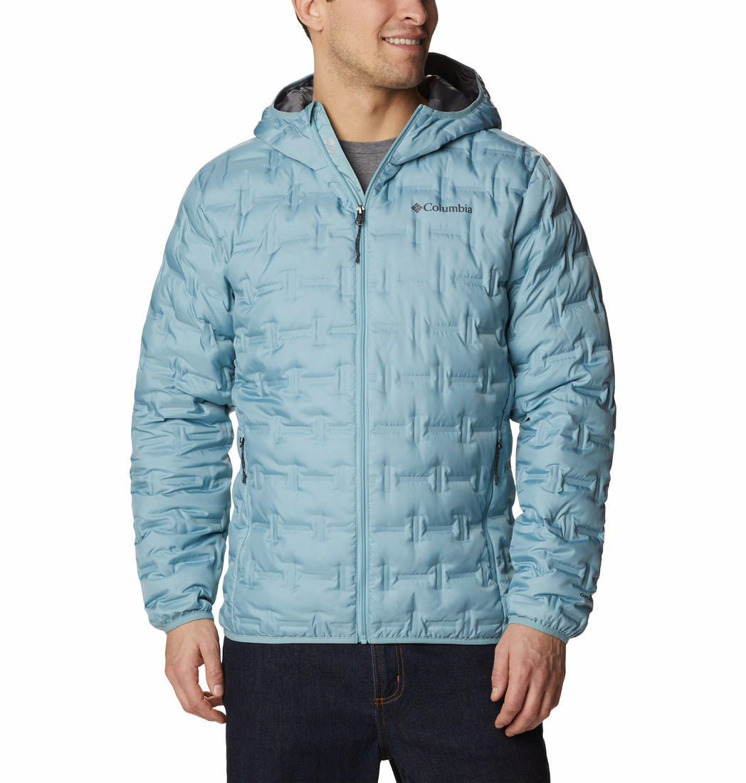A Men Wearing Columbia Men Blue Delta Ridge Down Hooded Jacket