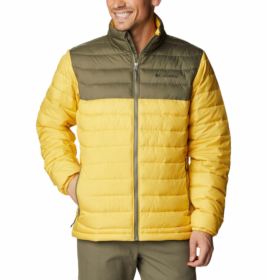 A Men Wearing Columbia Men Yellow Powder Lite Jacket