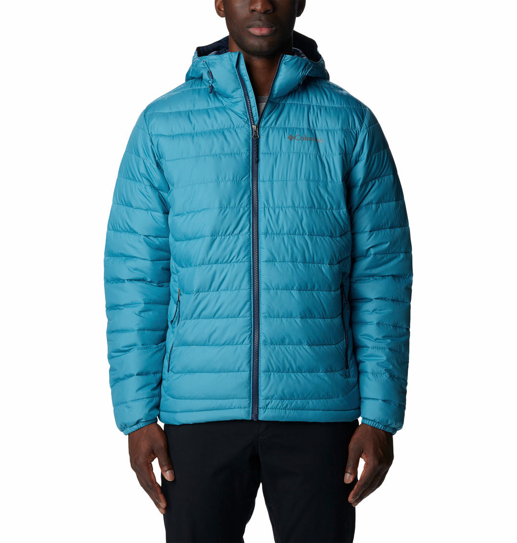 A Men Wearing Columbia Men Blue Powder Lite Hooded Jacket