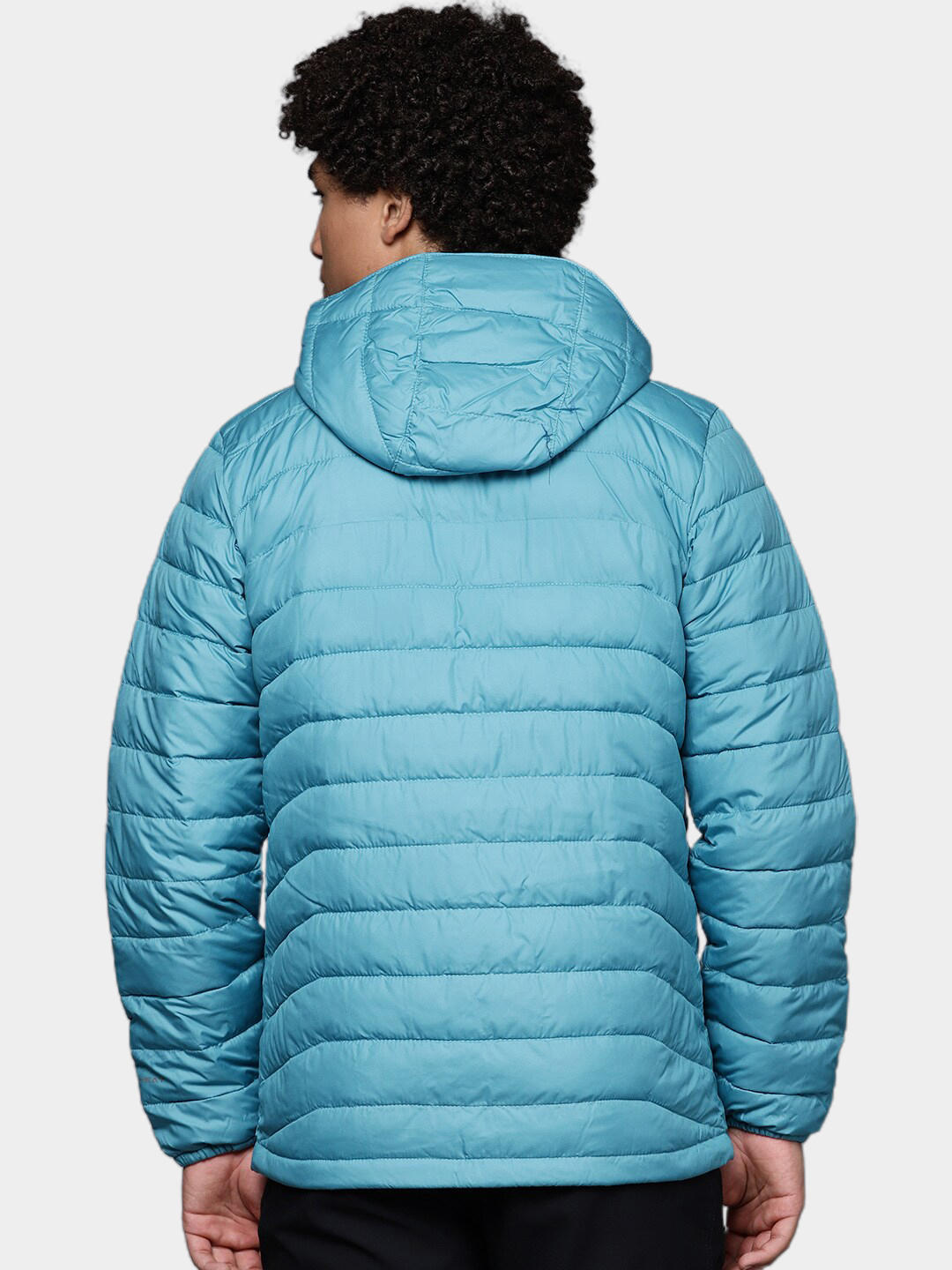 A Men Wearing Columbia Men Blue Powder Lite Hooded Jacket