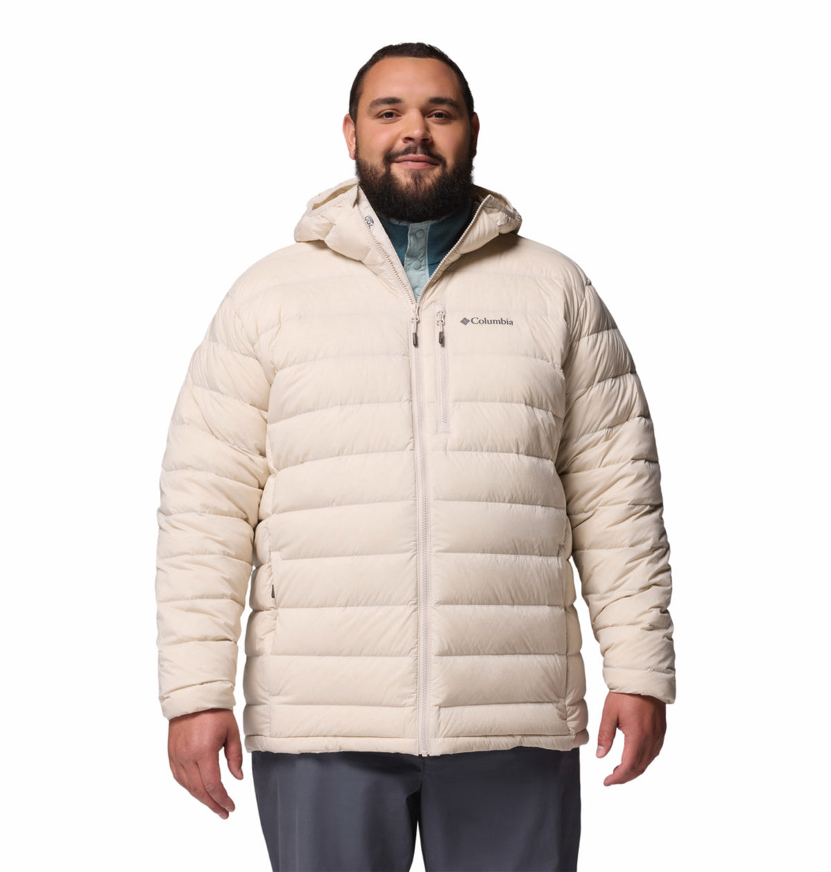 Columbia Men Beige Omni-Shield Drift Peak Stretch Hooded Down Jacket