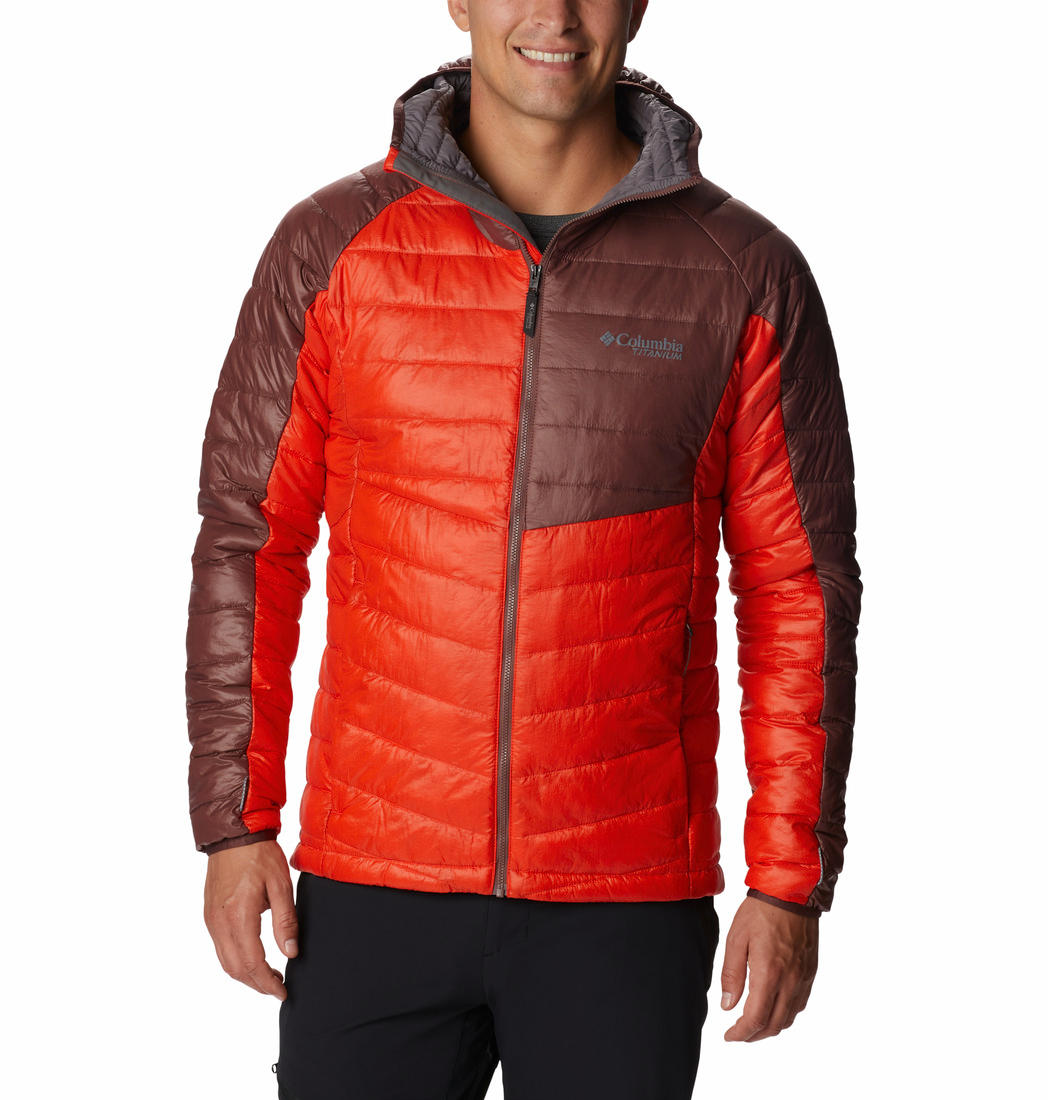 A Men Wearing Columbia Men Orange Platinum Peak Hooded Jacket