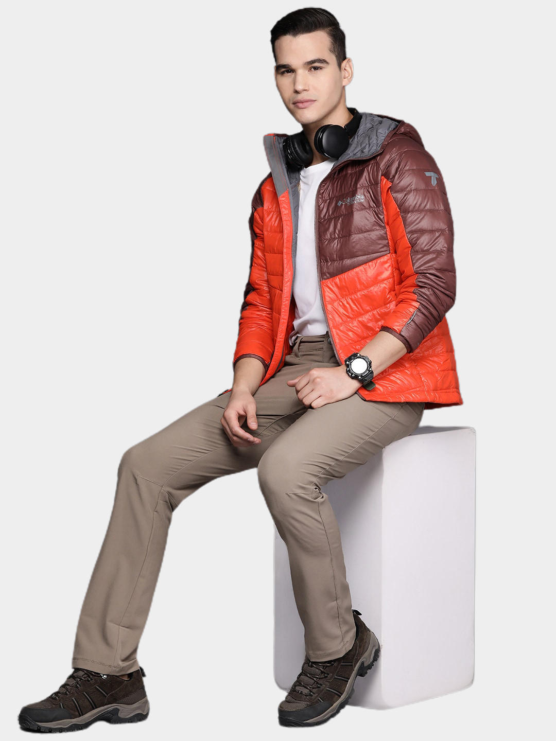 A Men Wearing Columbia Men Orange Platinum Peak Hooded Jacket