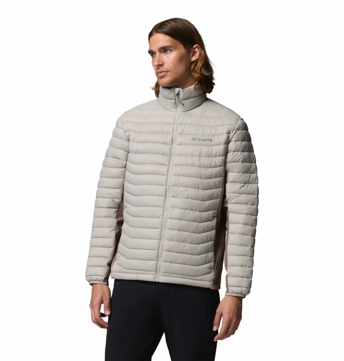 men grey omni shield powder pass hybrid down jacket