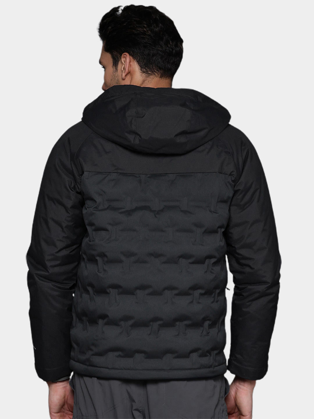 A Men Wearing Columbia Men Black Grand Trek II Down Hooded Jacket