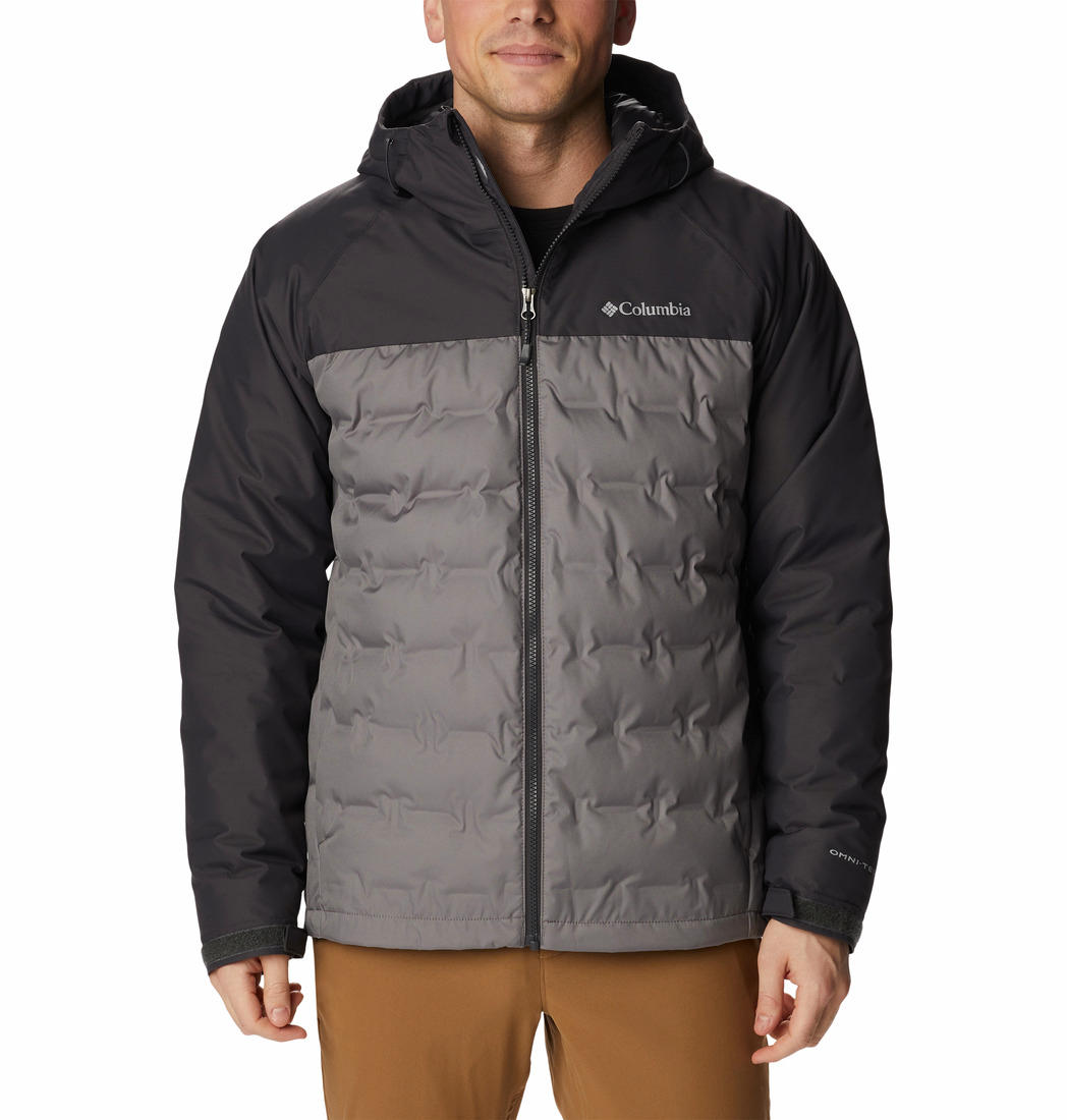 A Men Wearing Columbia Men Grey Grand Trek II Down Hooded Jacket