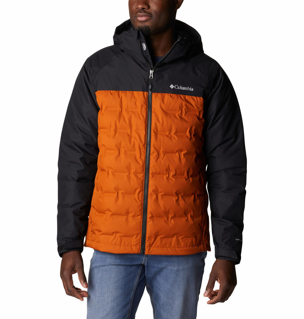 A Men Wearing Columbia Men Orange Grand Trek II Down Hooded Jacket