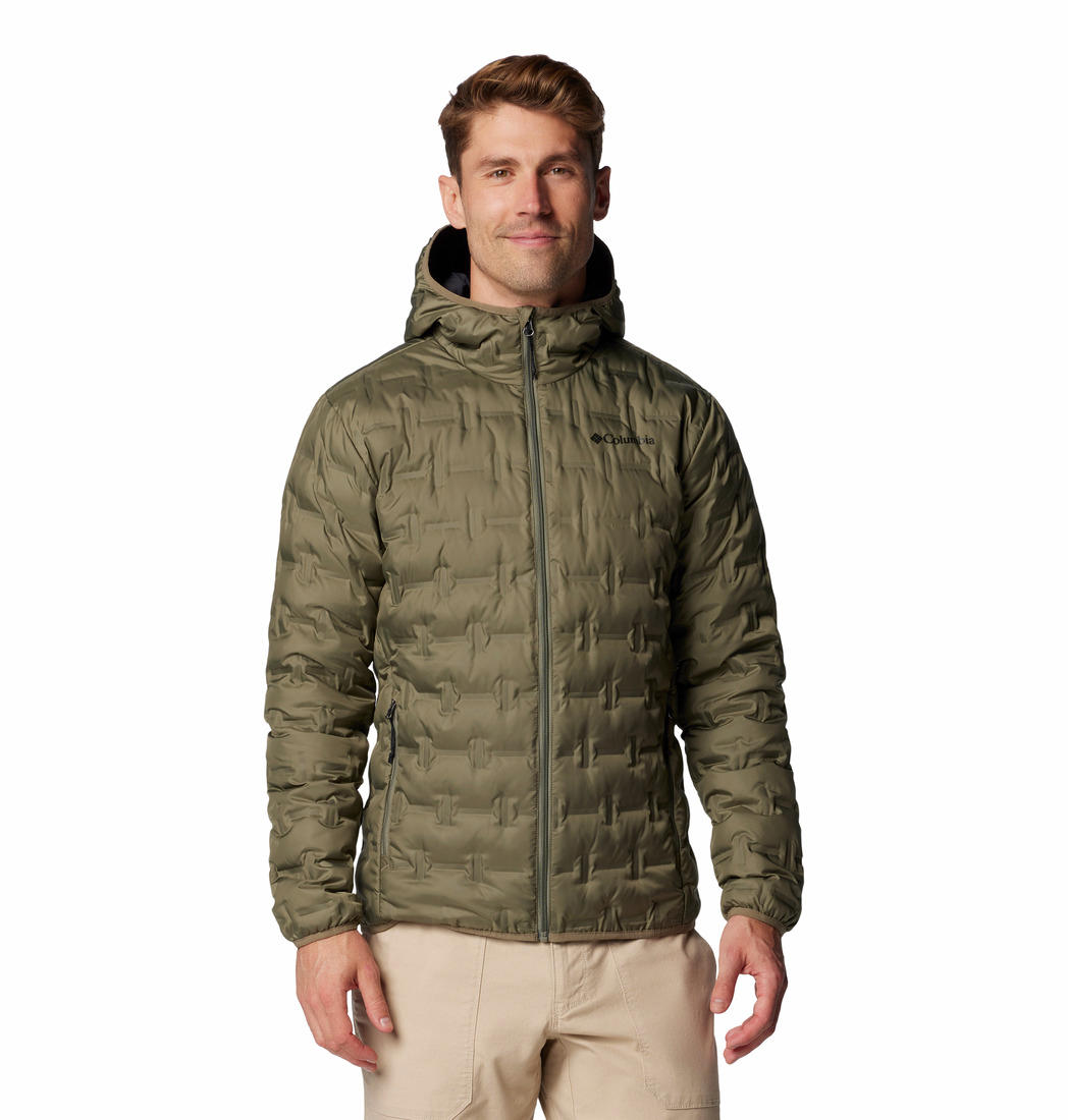 A Men Wearing Columbia Men Green Delta Ridge II Down Hooded Jacket