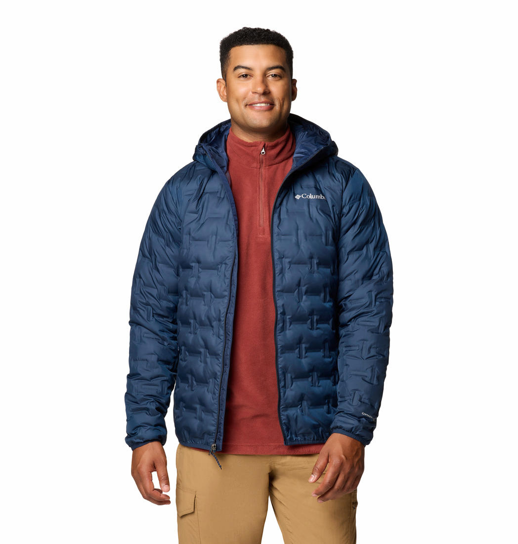 A Men Wearing Columbia Men Blue Delta Ridge II Down Hooded Jacket