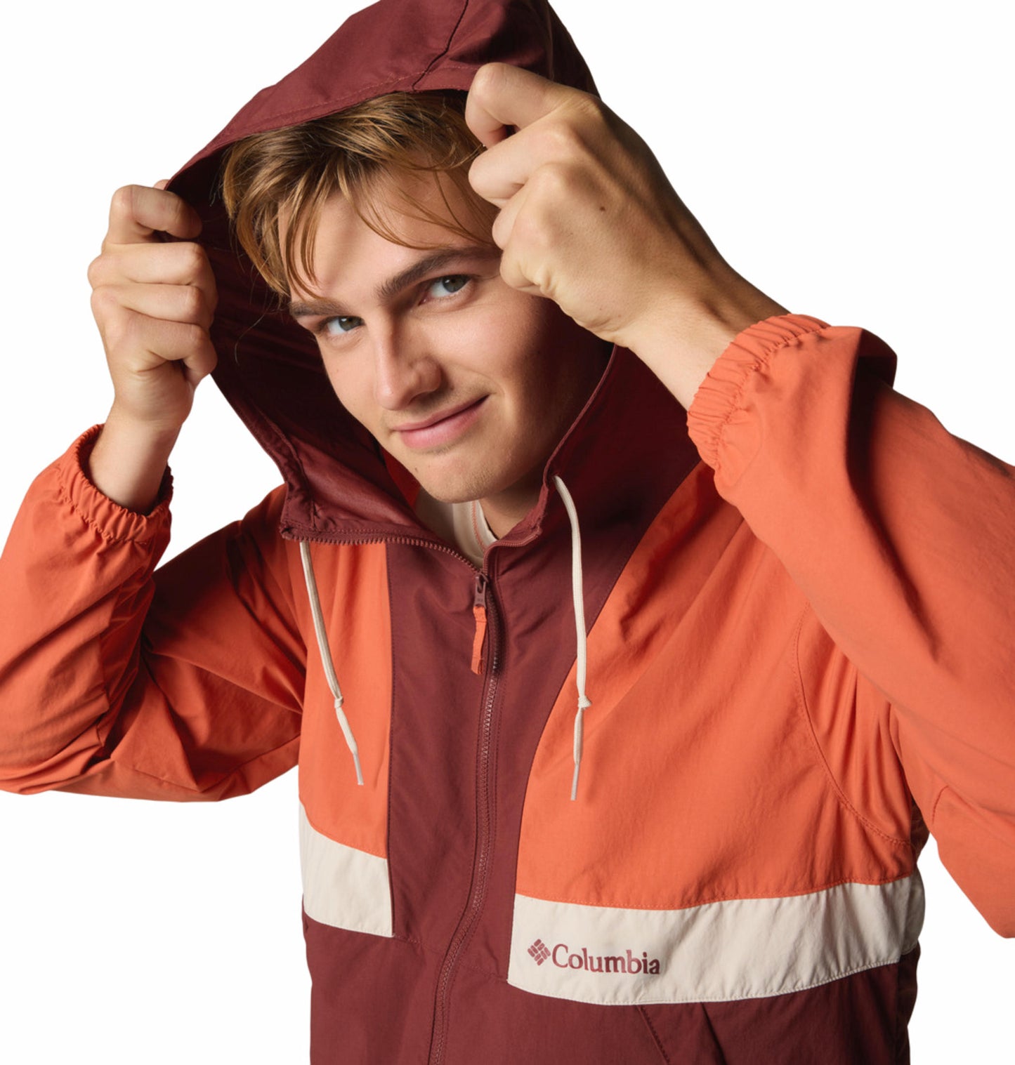 A Men Wearing Columbia Men Red Spire Valley Hooded Windbreaker (Sun Protection)