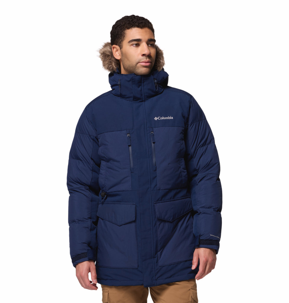 Columbia Men Navy Blue Omni-Heat Inifnity Marquam Peak Fusion II Parka Hooded Down Jacket
