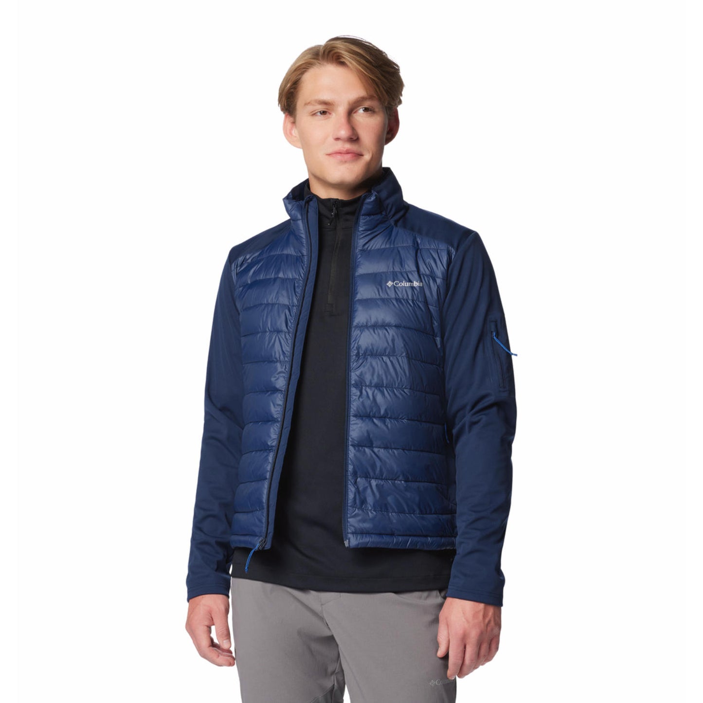A Men Wearing Columbia Men Blue Columbia Tech Hybrid Softshell