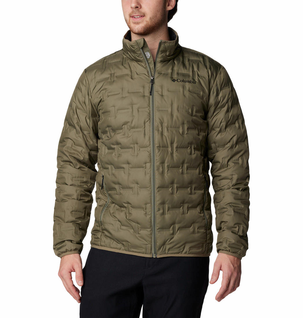 A man wearing a green Columbia Men's Delta Ridge II Down Jacket with a hood, standing against a white background.