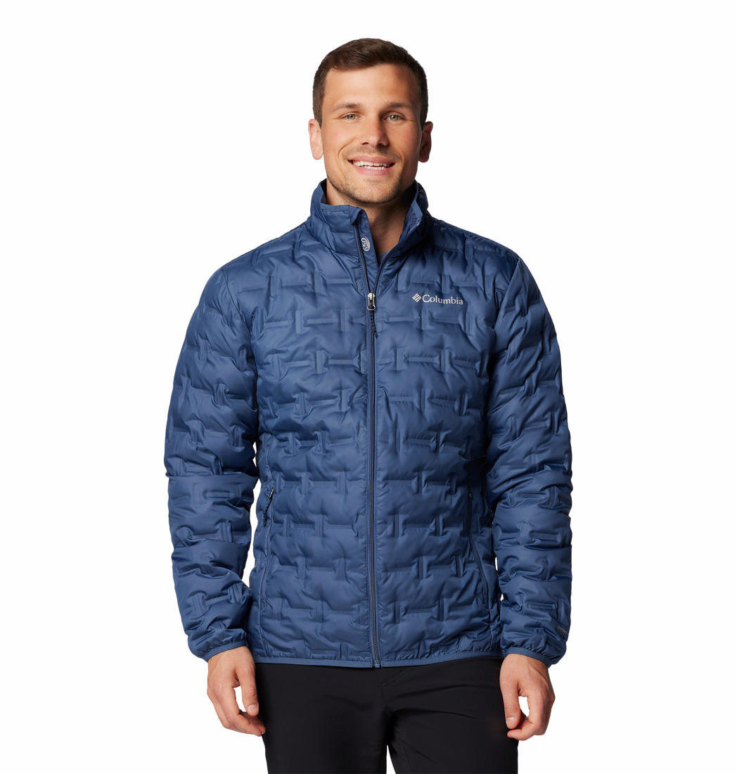 A man wearing a blue Columbia Men's Delta Ridge II Down Jacket with a zippered front and a hood.