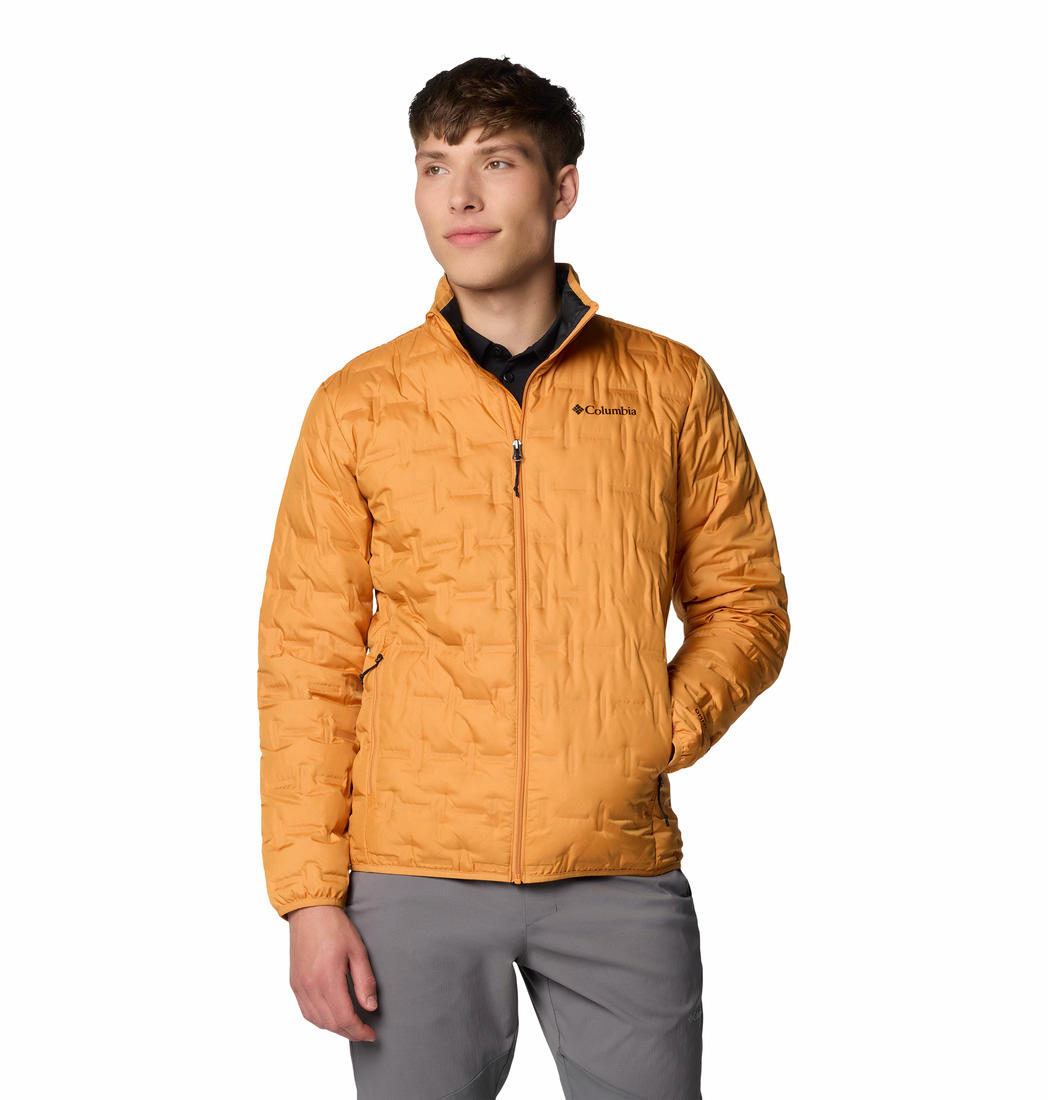 A Men Wearing Columbia Men Orange Delta Ridge II Down Jacket