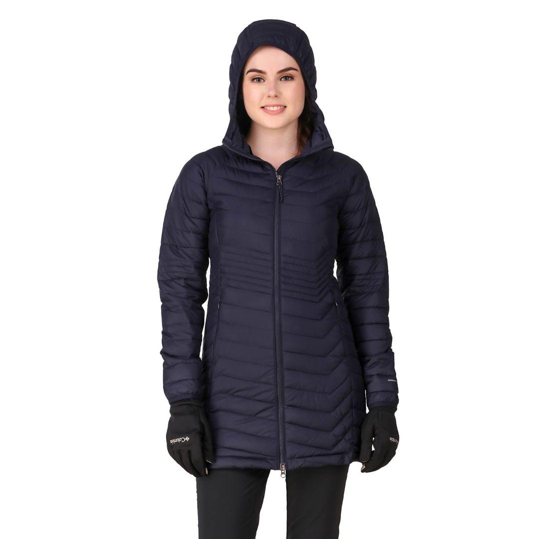 A Women Wearing Columbia Women Navy Blue Powder Lite Mid Jacket