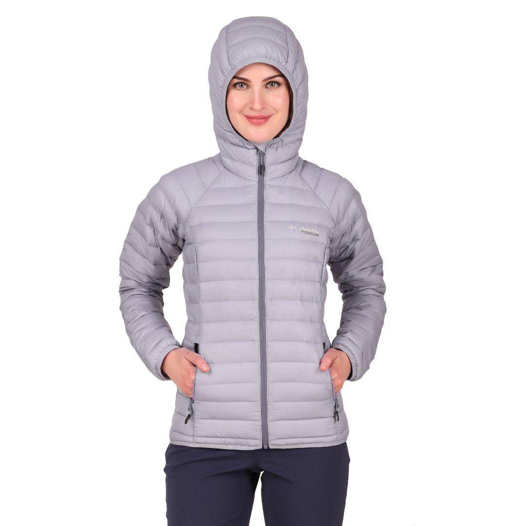 A Women Wearing Columbia Women Purple Alpha Trail Down Hooded Jacket