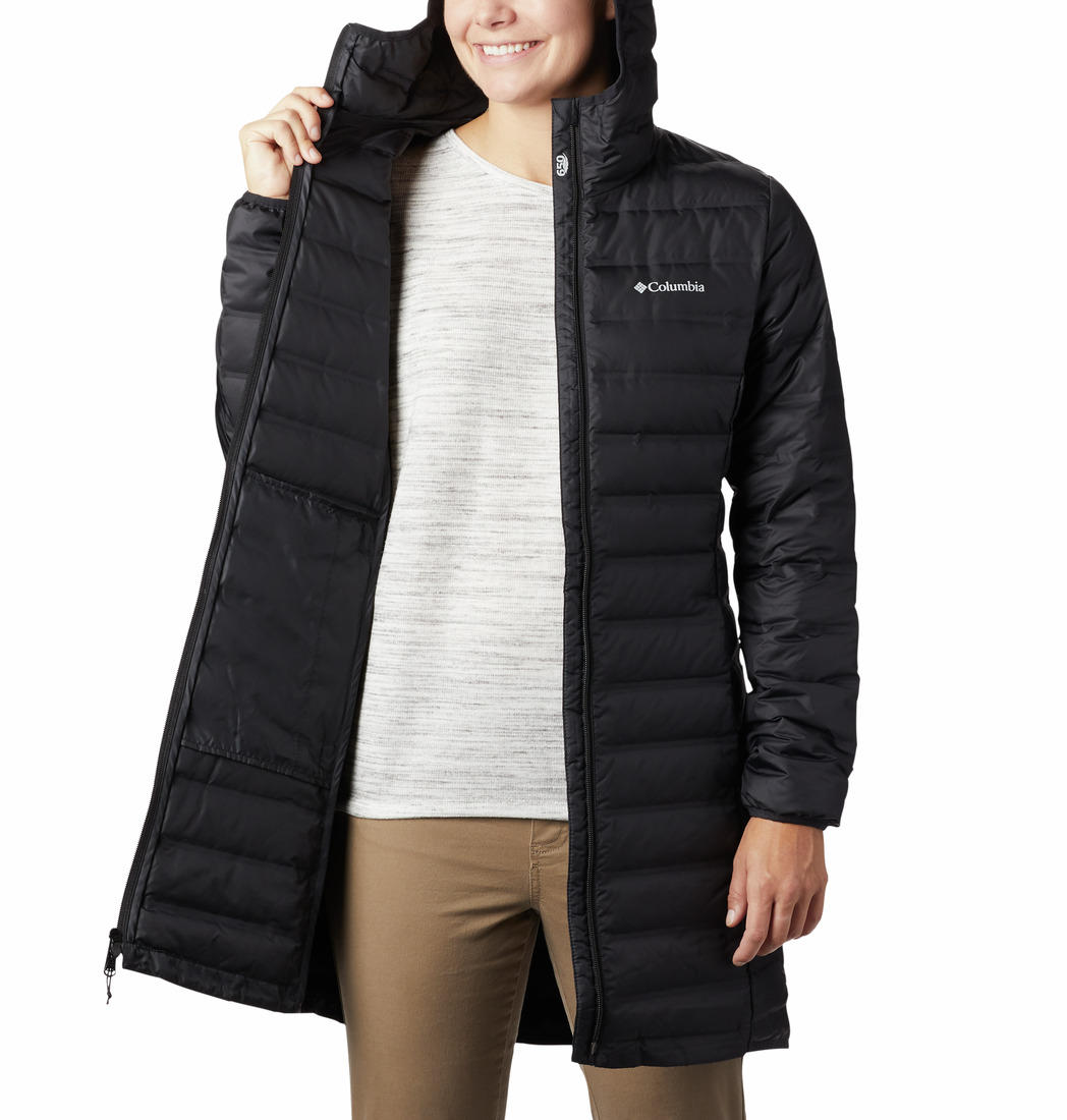 A Women Wearing Columbia Women Black Lake 22 Down Long Hooded Jacket