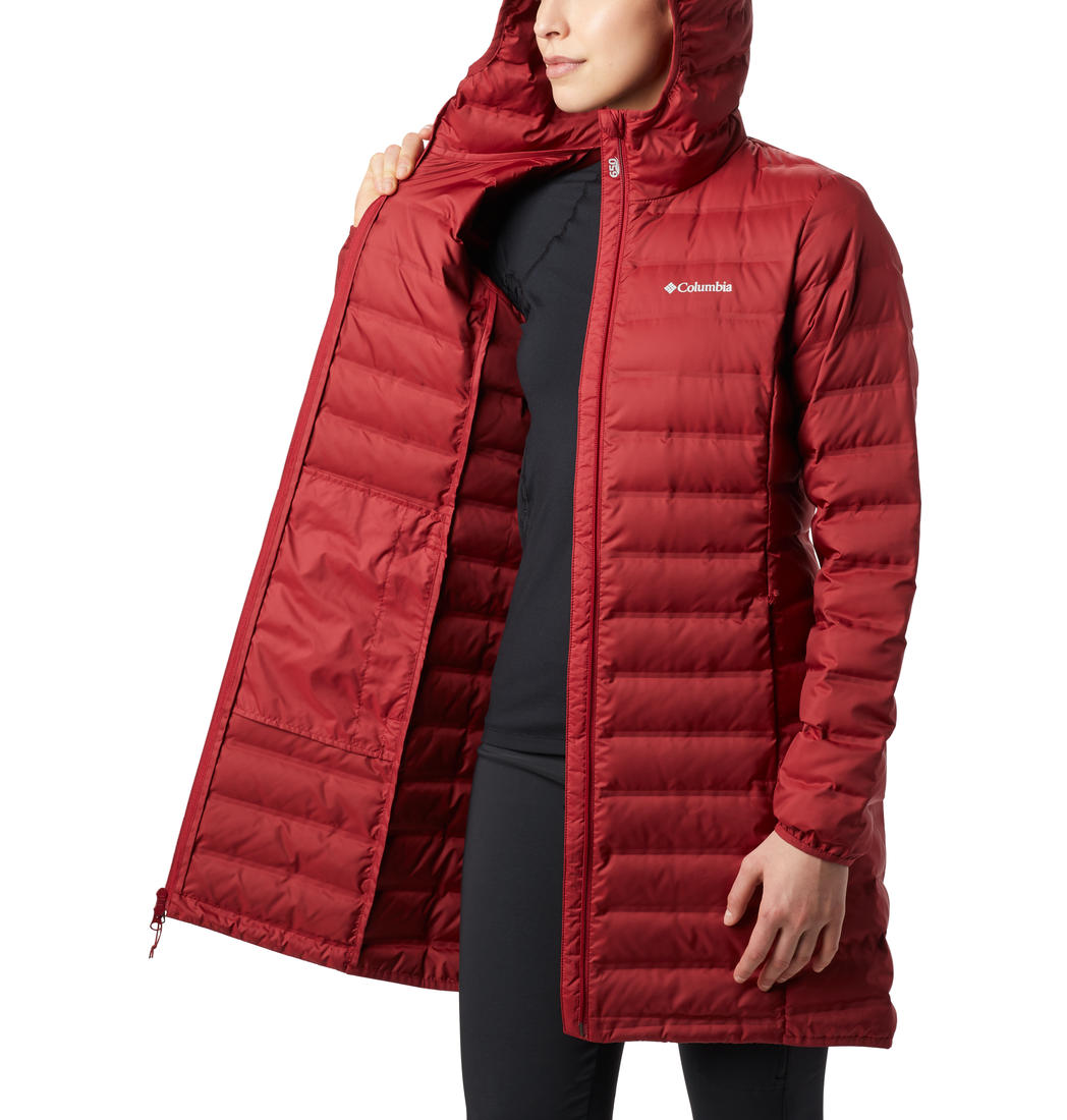 A Women Wearing Columbia Women Red Lake 22 Down Long Hooded Jacket