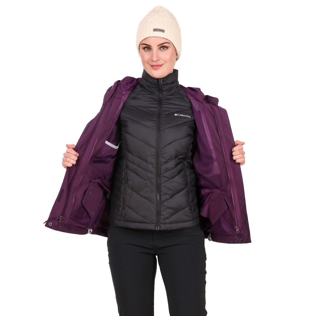 A Women Wearing Columbia Women Maroon Whirlibird IV Interchange Jacket