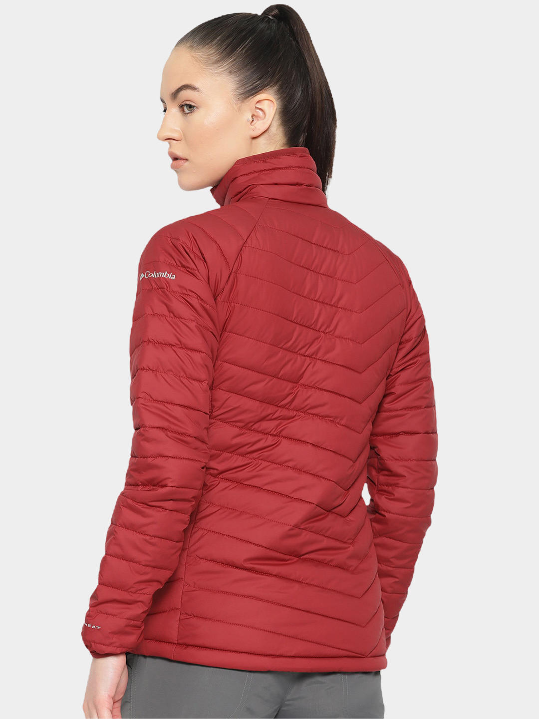 A Women Wearing Columbia Women Red Powder Lite Jacket
