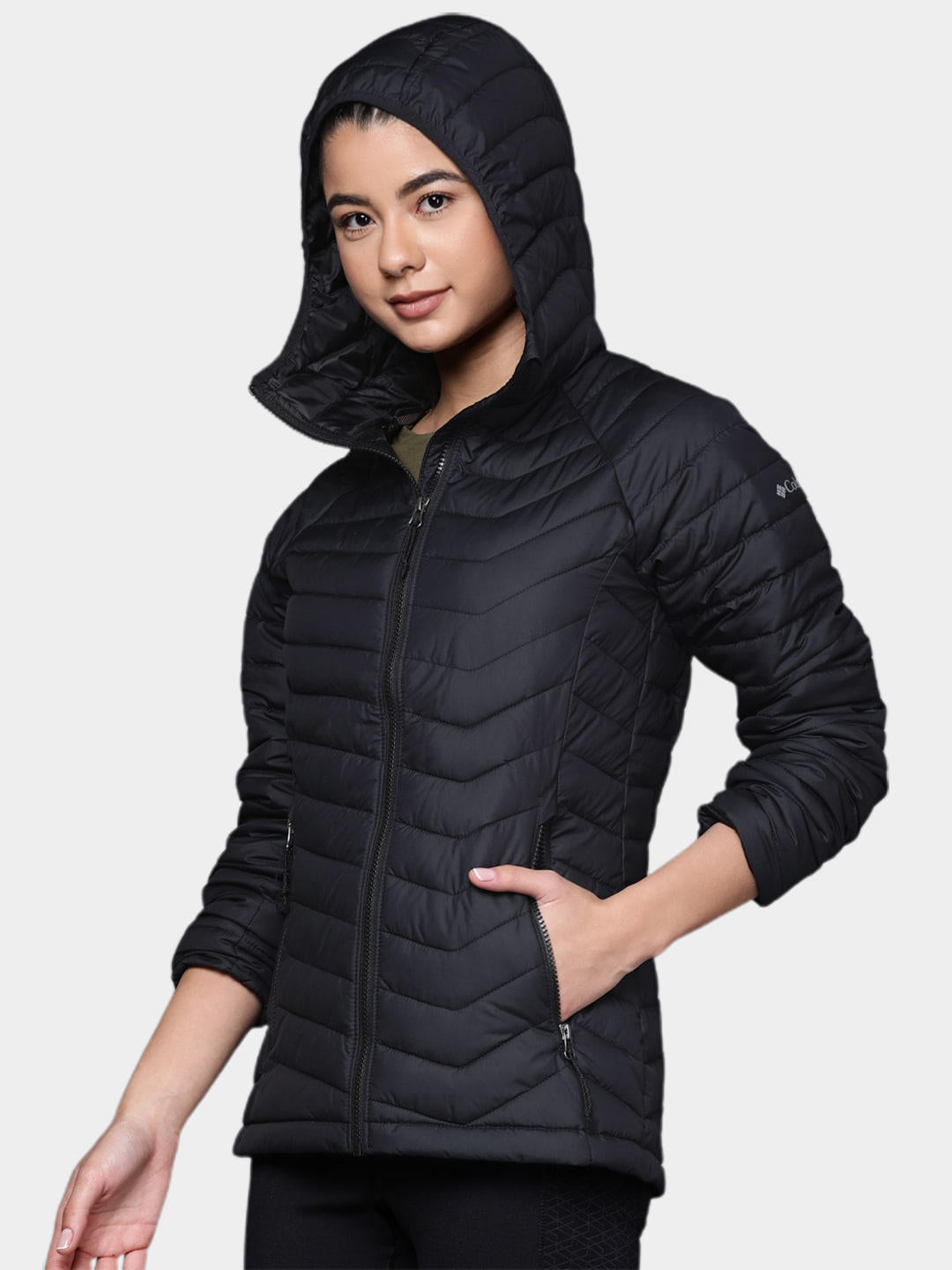A Women Wearing Columbia Women Black Powder Lite Hooded Jacket
