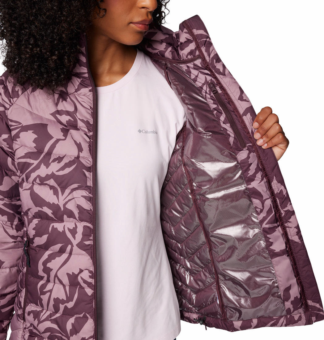 A Women Wearing Columbia Women Red Powder Lite II Printed Full Zip Jacket