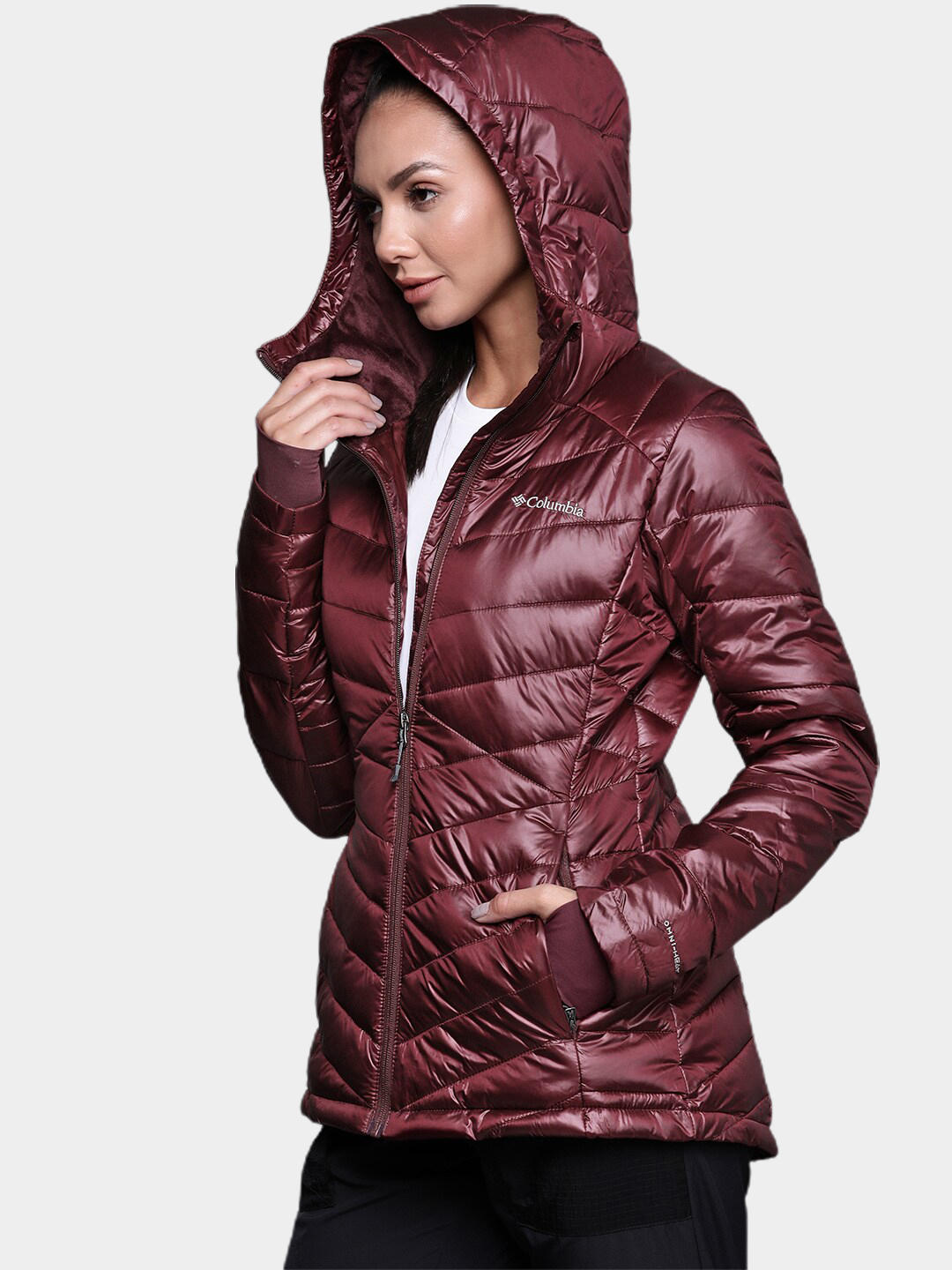 A Women Wearing Columbia Women Maroon Joy Peak Hooded Jacket