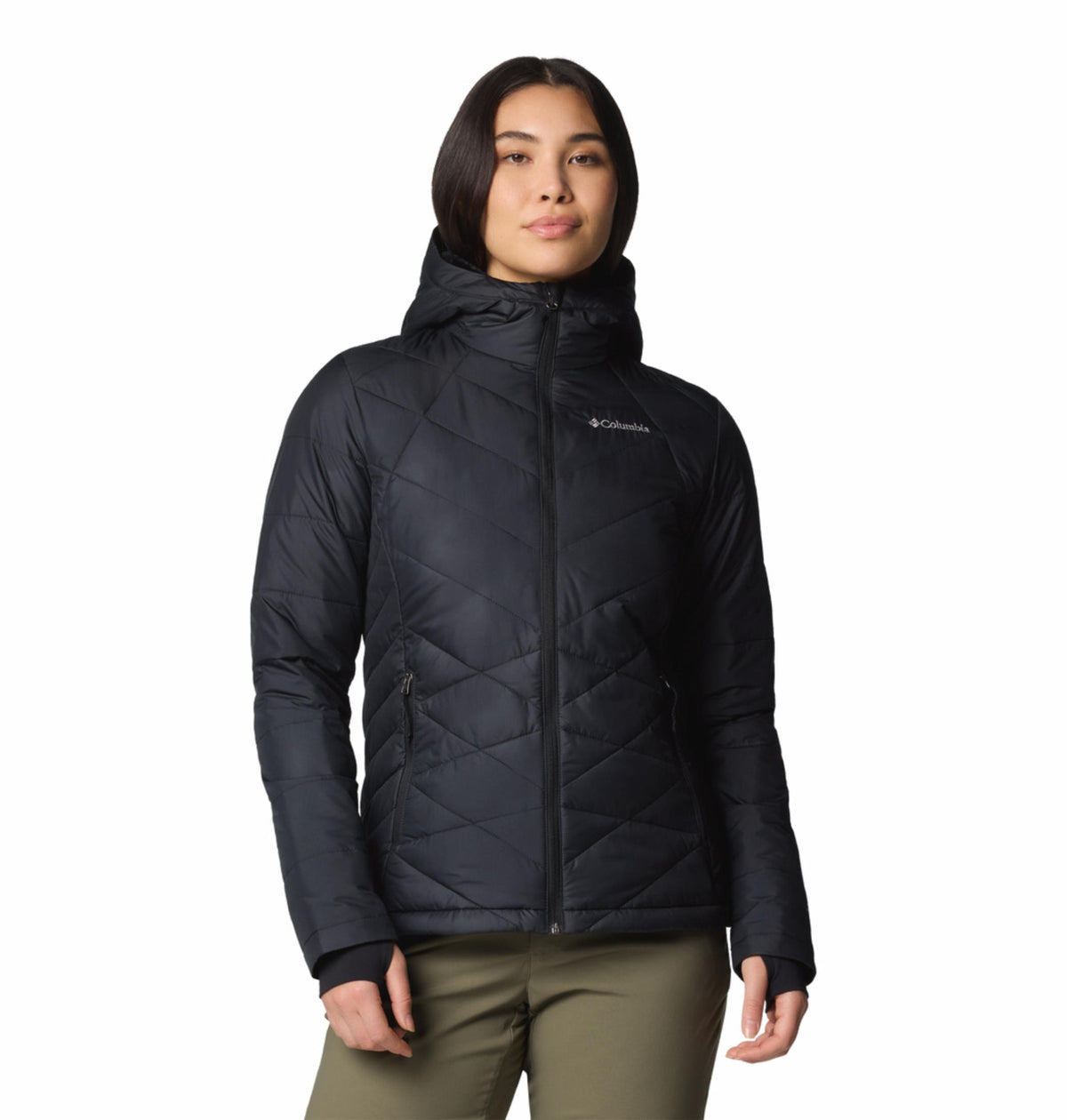 A Women Wearing Columbia Women Black Heavenly Hooded Jacket