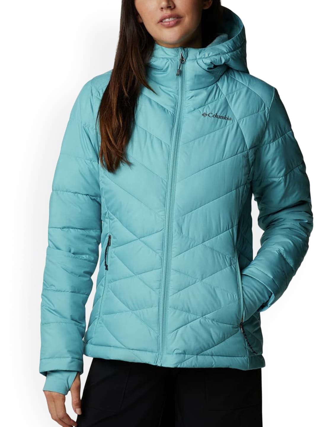 A Women Wearing Columbia Women Blue Heavenly Hooded Jacket