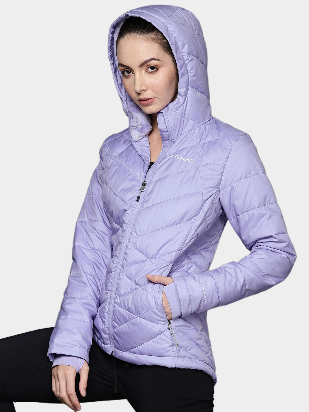 A Women Wearing Columbia Women Purple Heavenly Hooded Jacket
