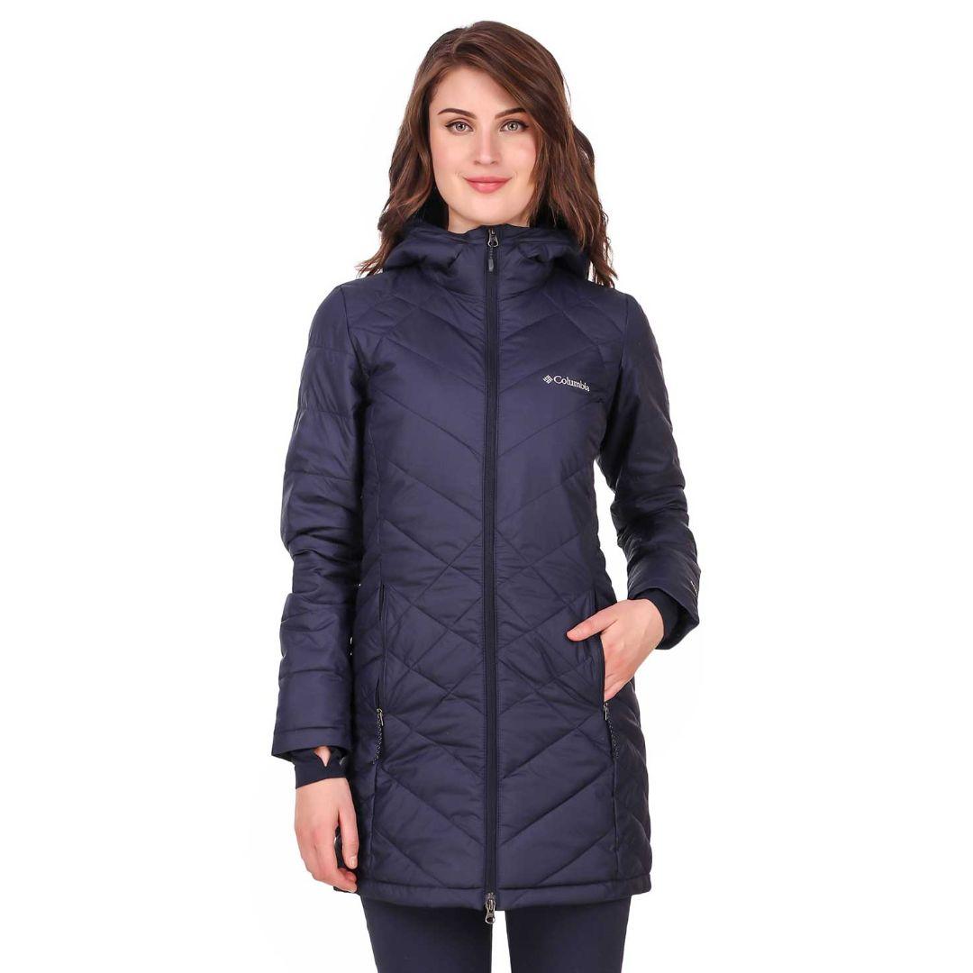 Columbia Women Navy Blue Omni-Heat Reflective Heavenly Long Hooded Down Jacket