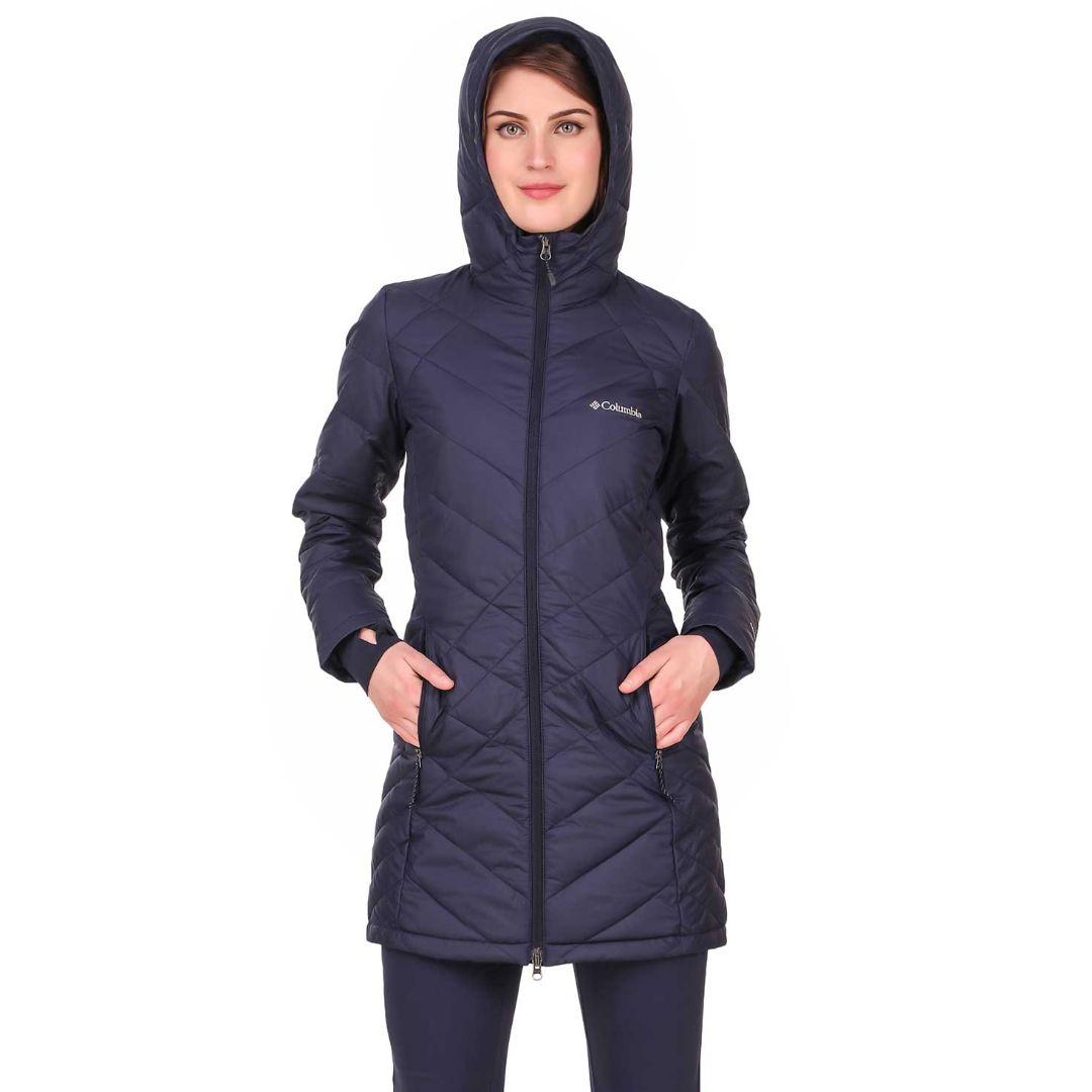 Columbia Women Navy Blue Omni-Heat Reflective Heavenly Long Hooded Down Jacket