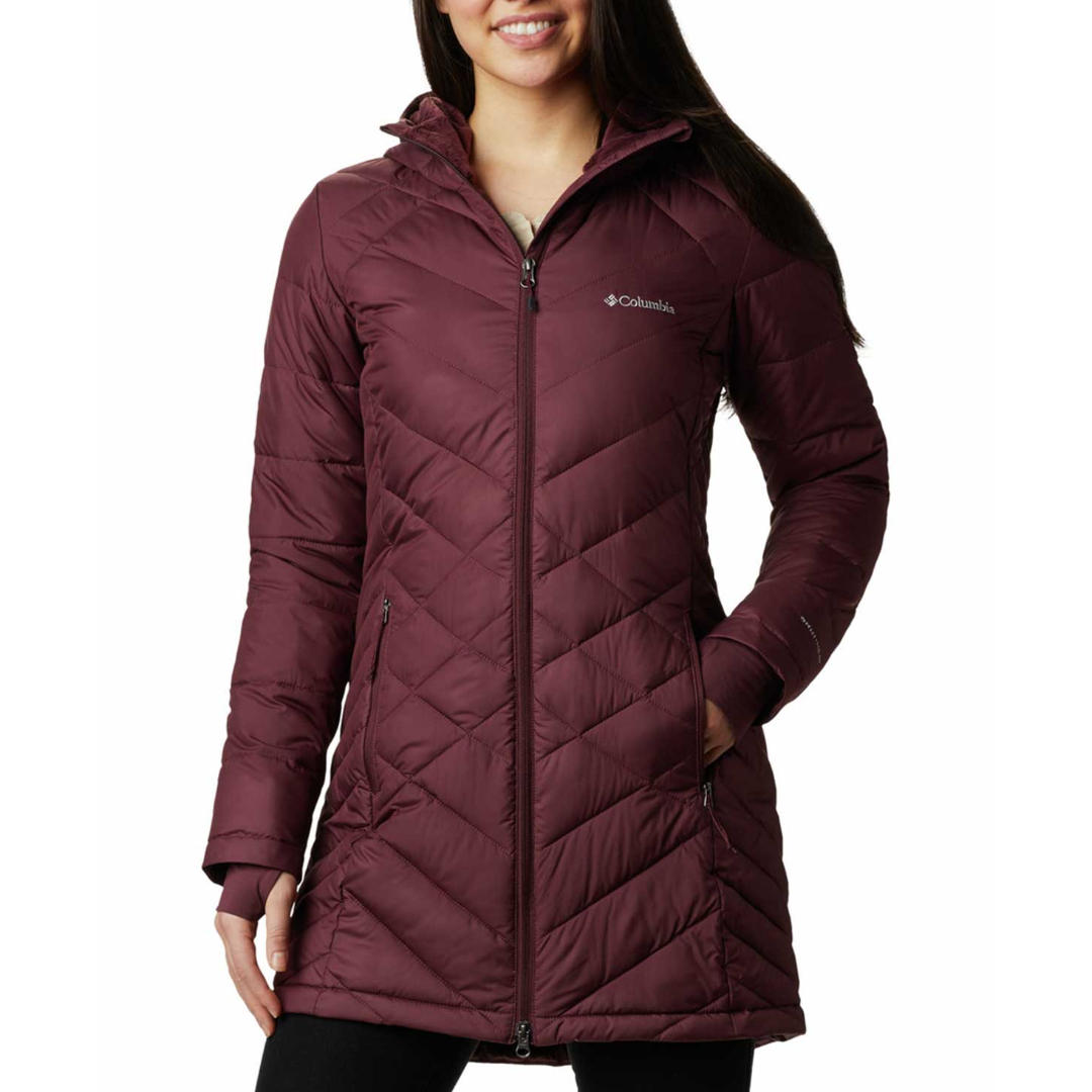 A Women Wearing Columbia Women Maroon Heavenly Long Hooded Jacket