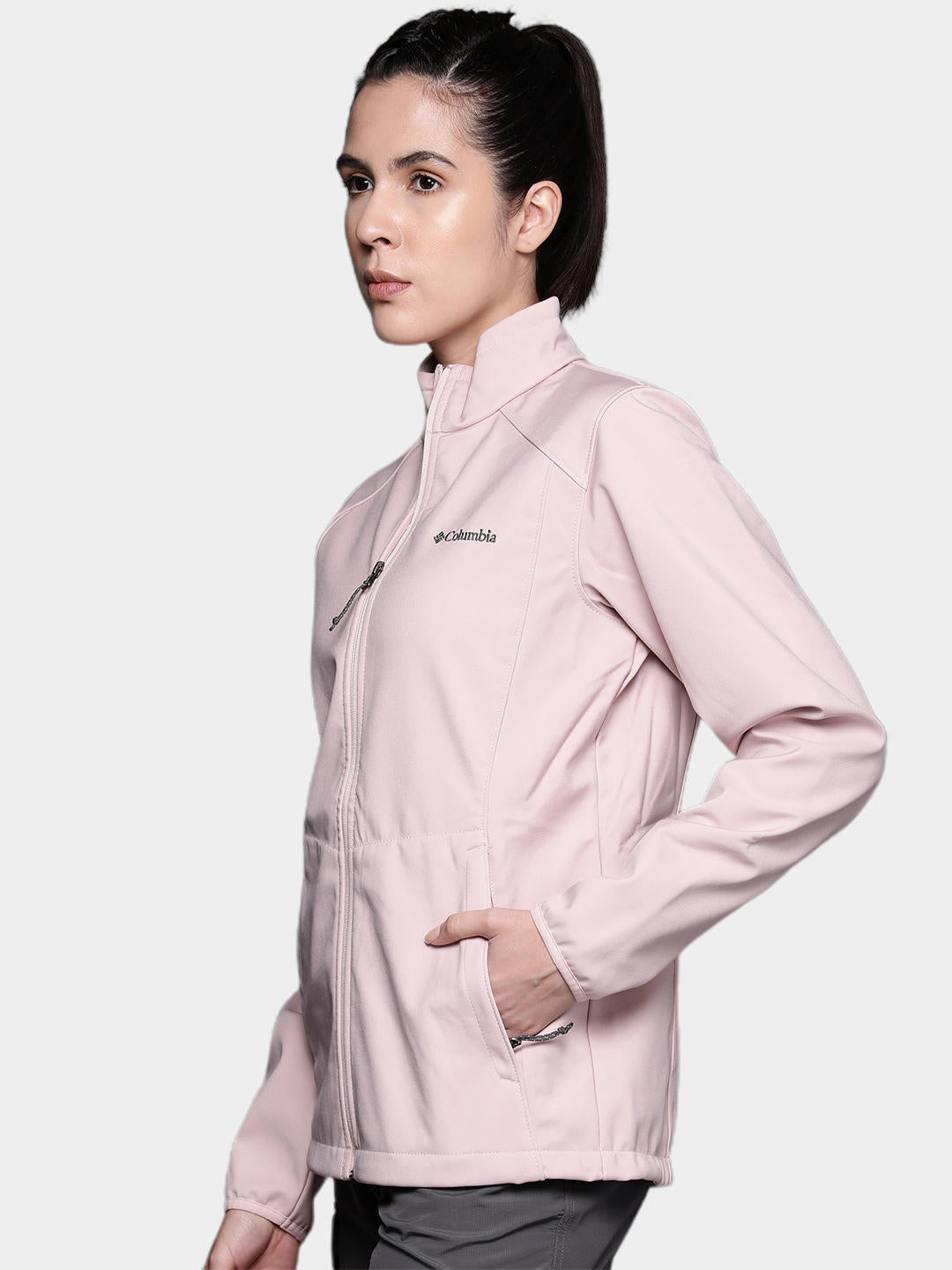 A Women Wearing Columbia Women Pink Kruser Ridge II Softshell