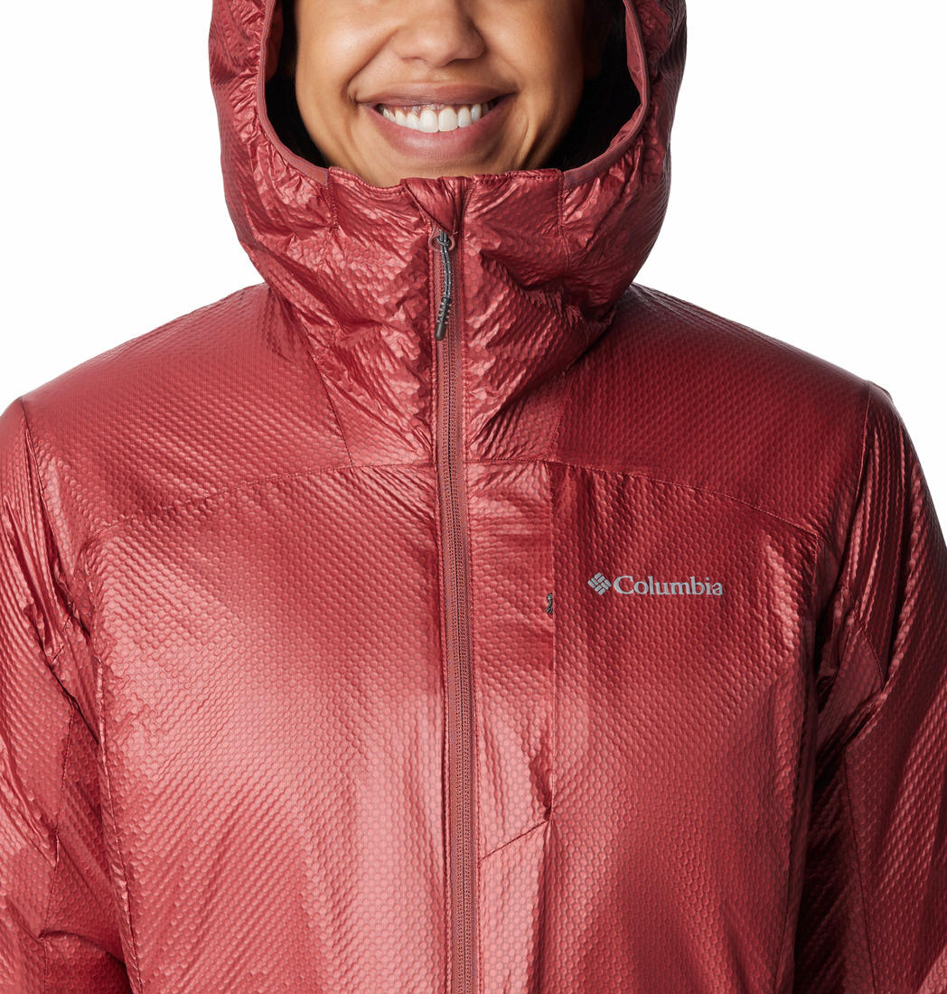 A Women Wearing Columbia Women Pink Arch Rock Double Wall Elite Mid Jacket