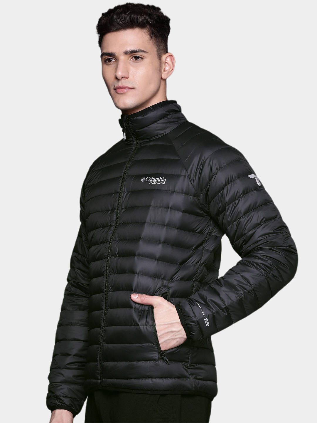 A Men Wearing Columbia Men Black Alpha Trail Down Jacket