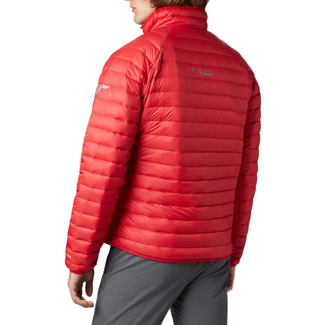 A Men Wearing Columbia Men Red Alpha Trail Down Jacket