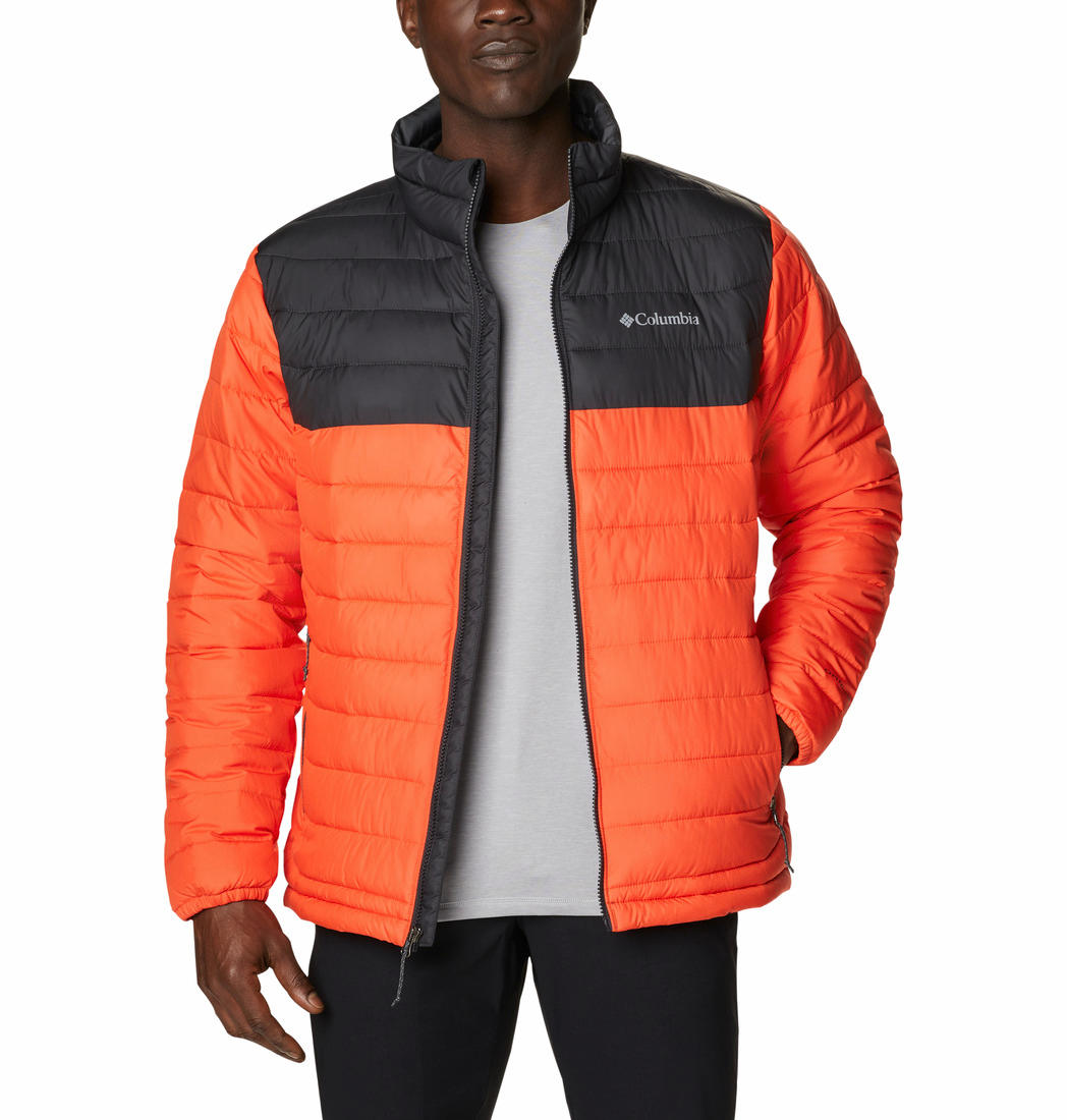 A Men Wearing Columbia Men Orange Powder Lite Jacket