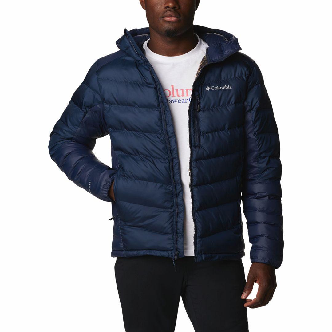 Columbia Men Navy Blue Omni-Heat Inifnity Labyrinth Loop Hooded Down Jacket