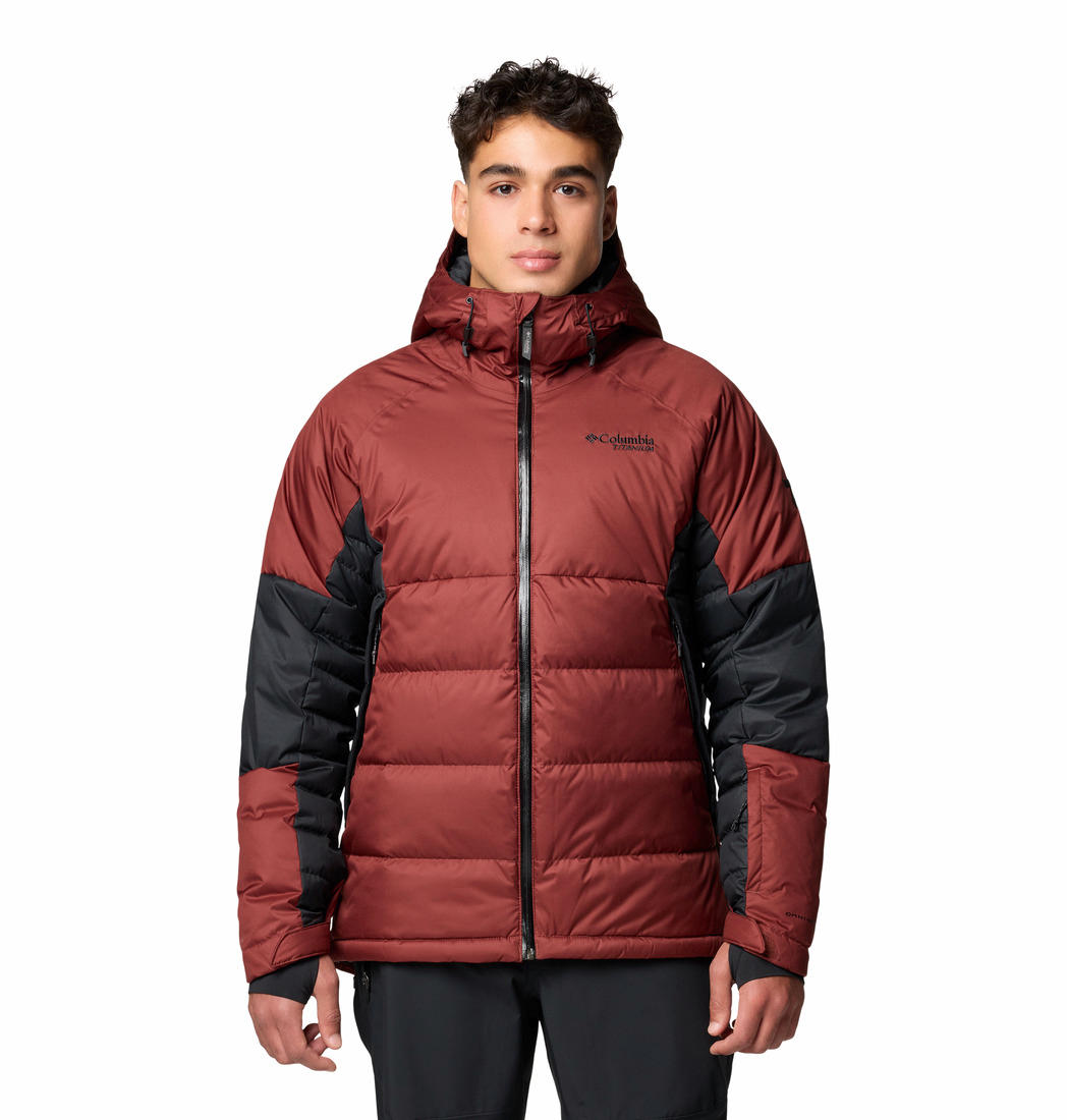 A Men Wearing Columbia Men Red Roaring Fork II Down Jacket