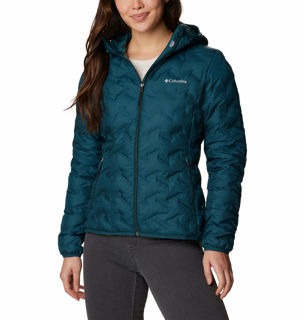 A Women Wearing Columbia Women Blue Delta Ridge Down Hooded Jacket