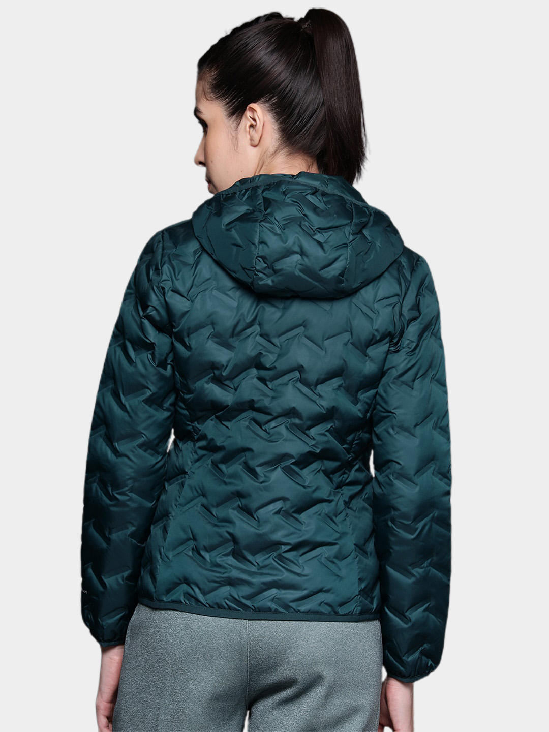 A Women Wearing Columbia Women Blue Delta Ridge Down Hooded Jacket