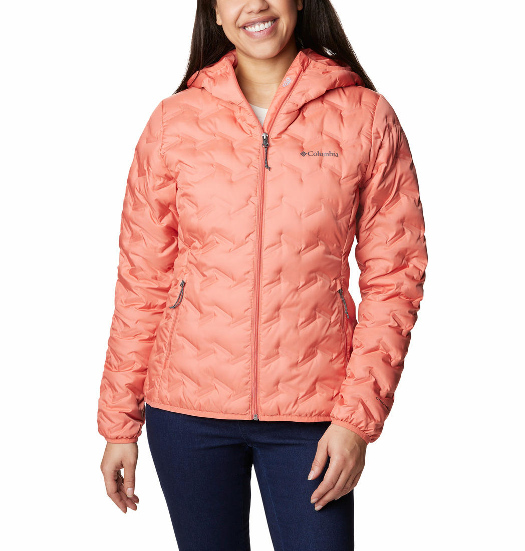 A Women Wearing Columbia Women Orange Delta Ridge Down Hooded Jacket
