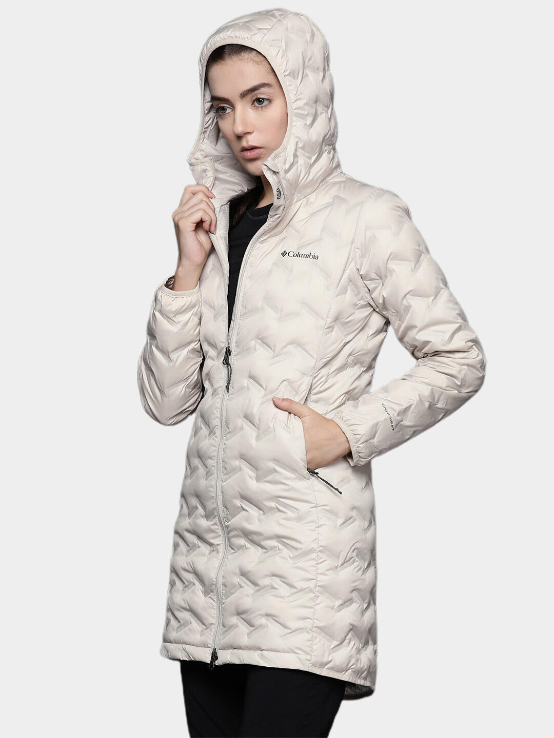 A Women Wearing Columbia Women Brown Delta Ridge Long Down Jacket