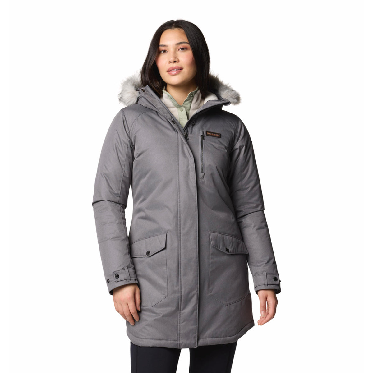 Columbia Women Grey Omni-Heat Reflective Suttle Mountain Long Hooded Down Jacket