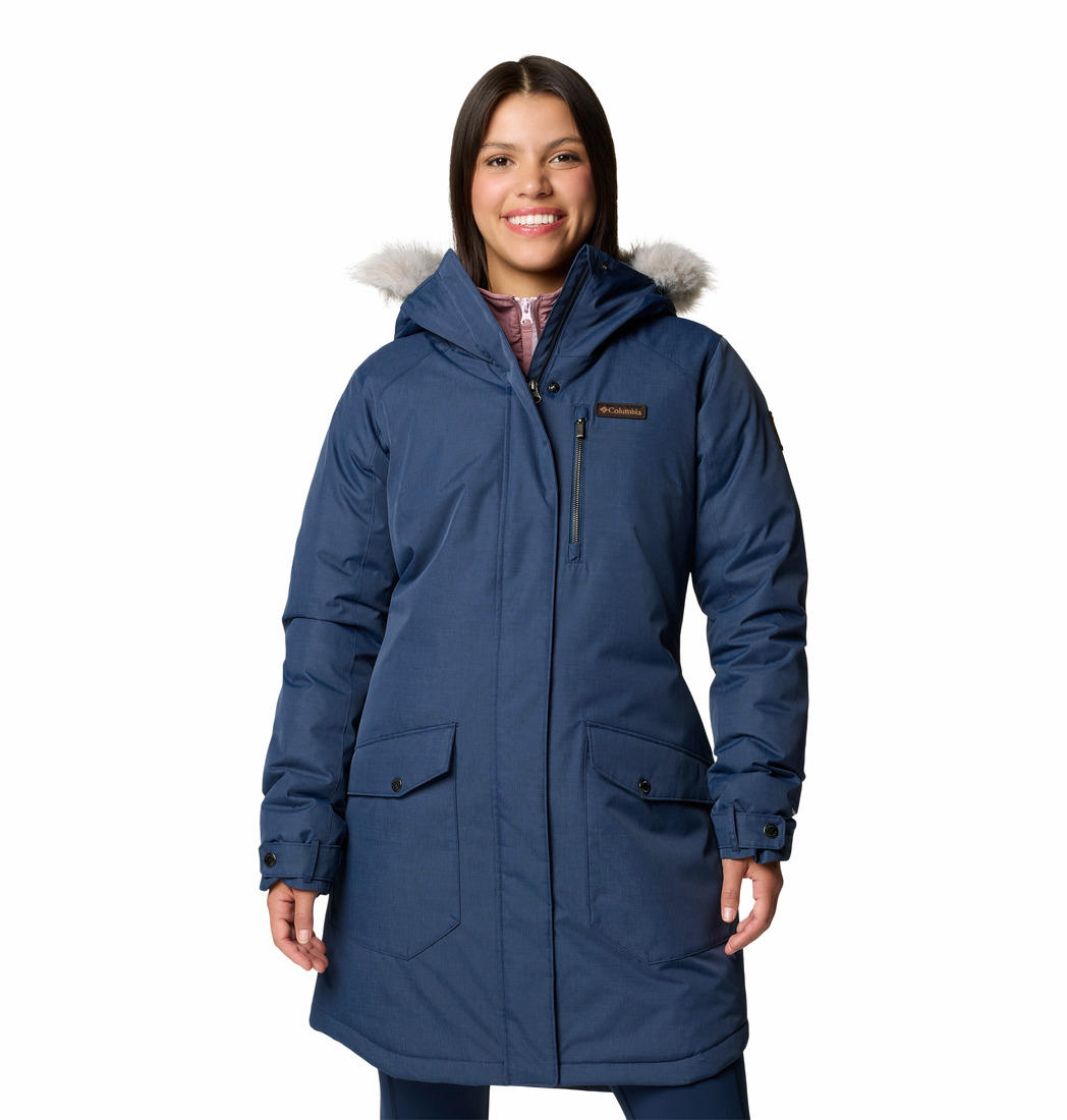 A Women Wearing Columbia Women Blue Suttle Mountain Long Insulated Jacket